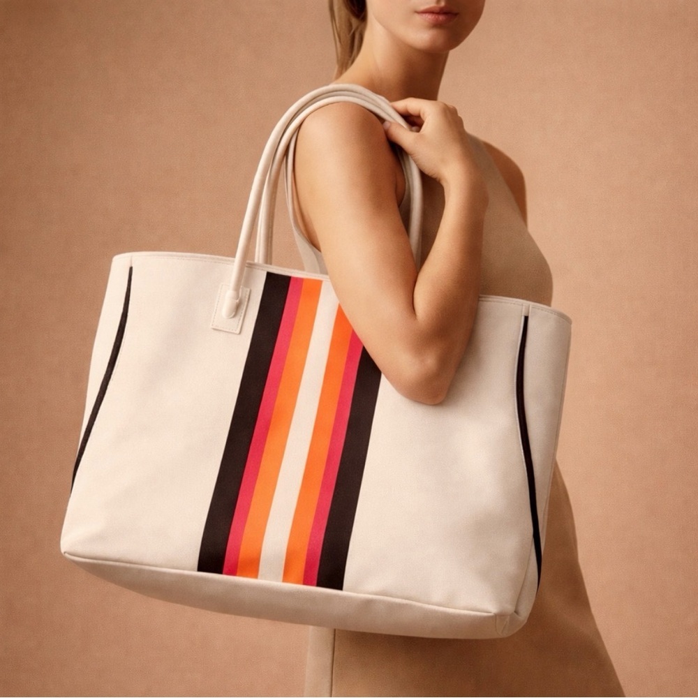 DSW Stylish Cream Stripe Zipper Tote Bag with Multicolor Stripes NWT